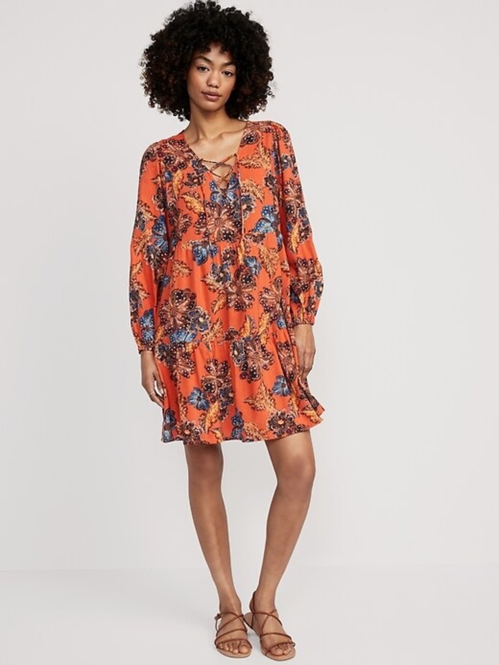 Old Navy Orange Floral Lace-Up Tiered Dress